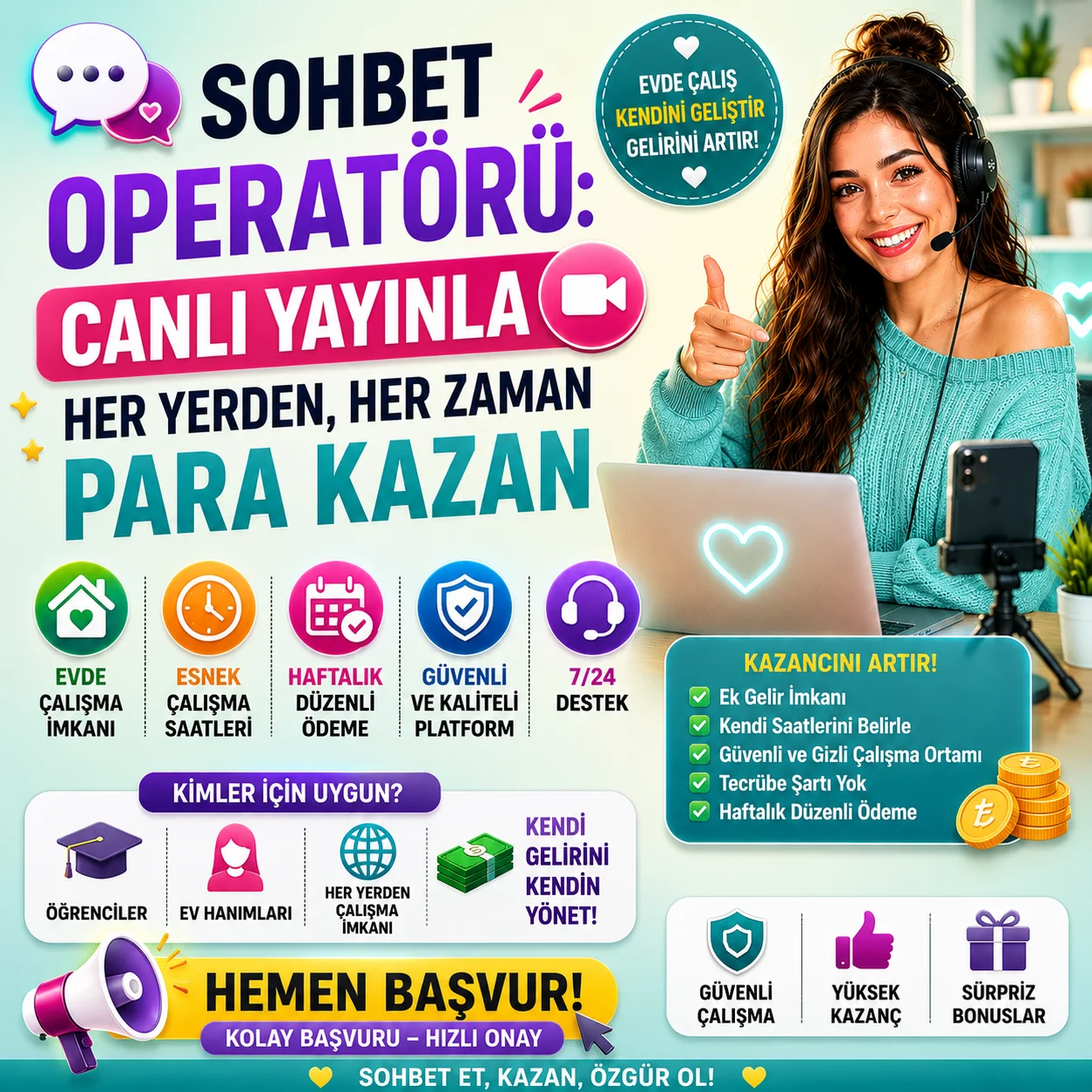 Sohbet Operatörü : Canlı Yayınla Her Yerden, Her Zaman Para Kazan